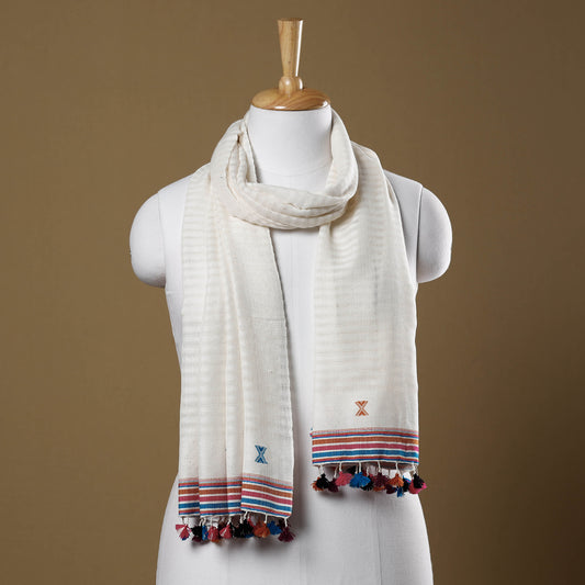 White - Kutch Bhujodi Weave Handloom Cotton Stole with Tassels