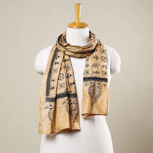 Beige - Bengal Kantha Hand Embroidery Tussar Silk Handloom Stole