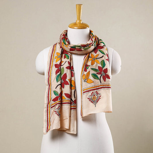 Beige - Bengal Kantha Hand Embroidery Silk Stole