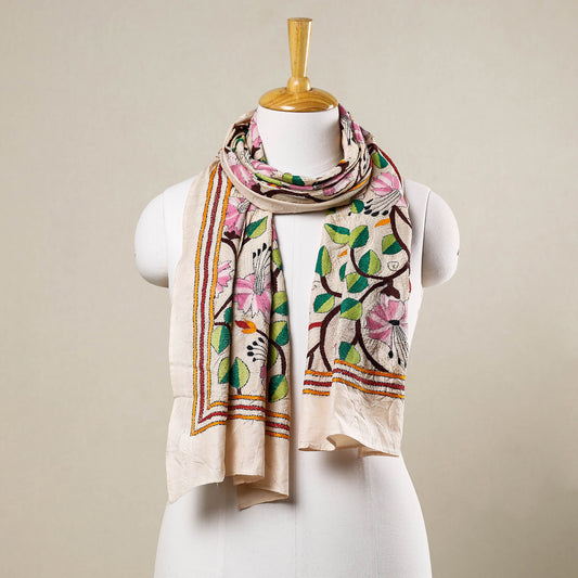 Beige - Bengal Kantha Hand Embroidery Silk Stole