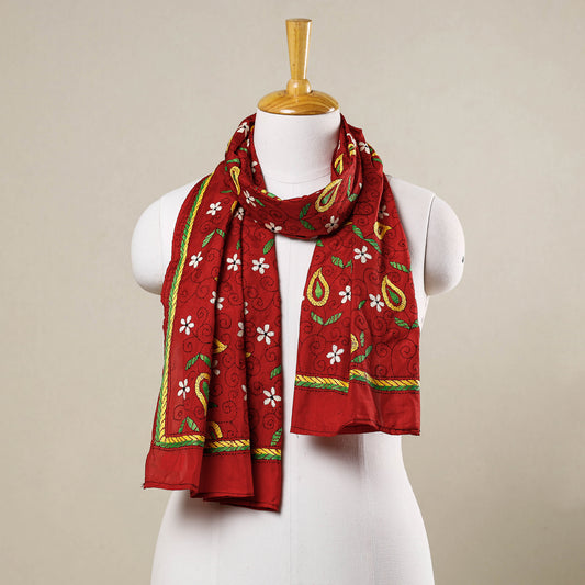 Red - Bengal Kantha Hand Embroidery Bangalore Silk Handloom Stole