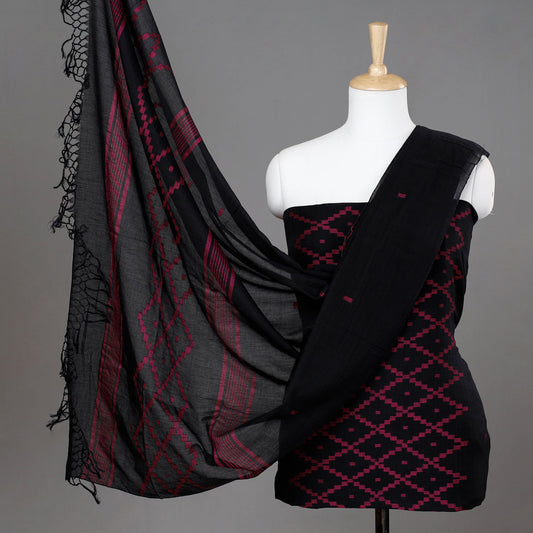 Black - 2pc Phulia Jamdani Weaving Handloom Cotton Suit Material Set
