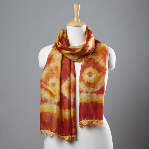 Orange - Pure Handloom Spun Silk Tie-Dye Stole with Crochet Work Border