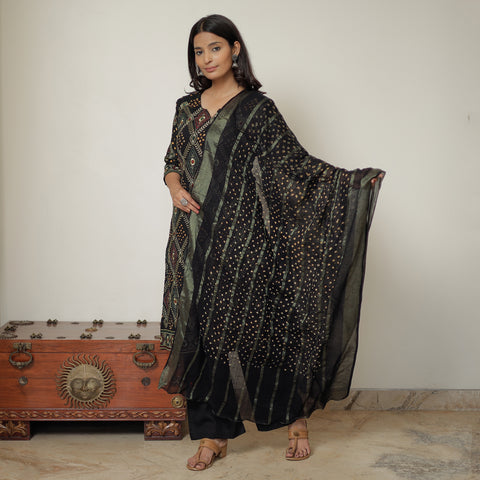 Black - Bandhani Tie-Dye Zari Work Cotton Kurta with Palazzo & Dupatta Set 02