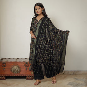 Black - Bandhani Tie-Dye Zari Work Cotton Kurta with Palazzo & Dupatta Set 02