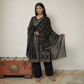 Black - Bandhani Tie-Dye Zari Work Cotton Kurta with Palazzo & Dupatta Set 02
