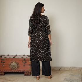 Black - Bandhani Tie-Dye Zari Work Cotton Kurta with Palazzo & Dupatta Set 02