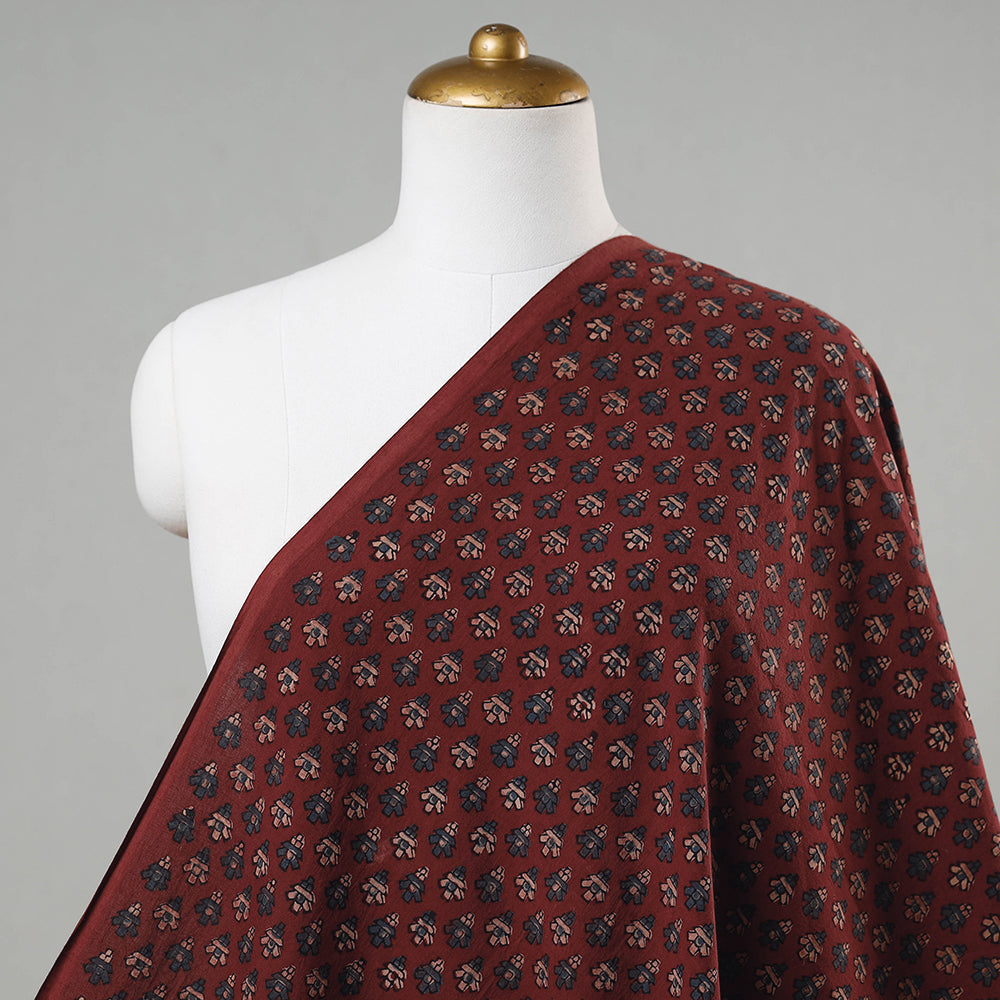 Red - Marron with Tinny Buti Block Print Cotton Ajrakh Fabric