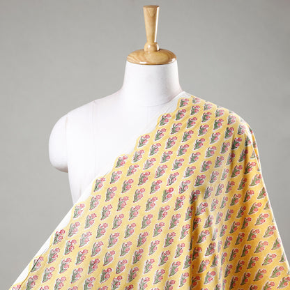 Yellow with Pink Flower Sanganeri Block Printed Cotton Fabric