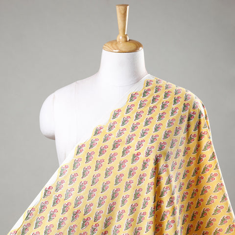 Yellow with Pink Flower Pure Cotton Sanganeri Block Print Fabric