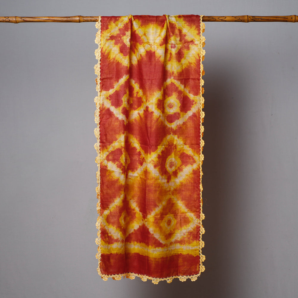 Orange - Pure Handloom Spun Silk Tie-Dye Stole with Crochet Work Border