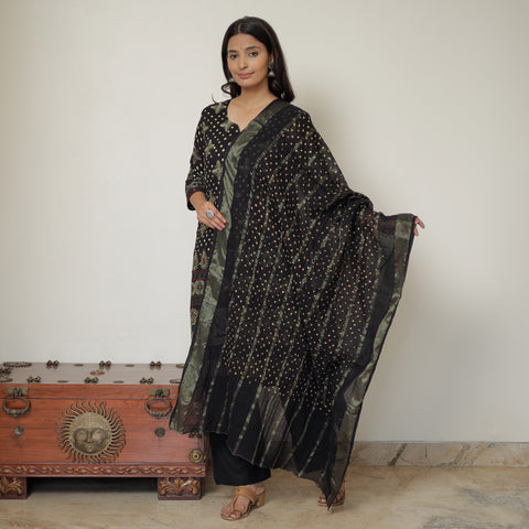 Black - Bandhani Tie-Dye Zari Work Cotton Kurta with Palazzo & Dupatta Set 03