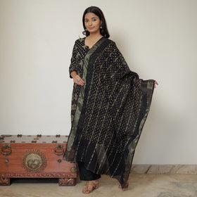 Black - Bandhani Tie-Dye Zari Work Cotton Kurta with Palazzo & Dupatta Set 03