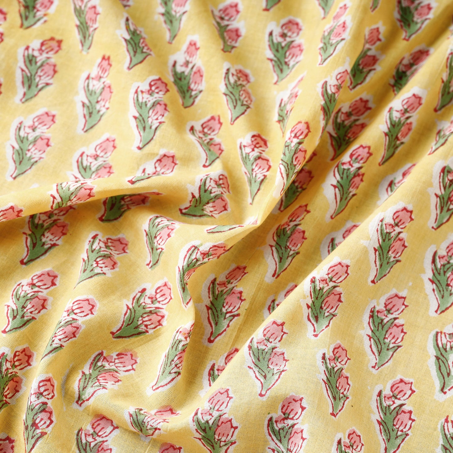 Yellow with Pink Flower Sanganeri Block Printed Cotton Fabric