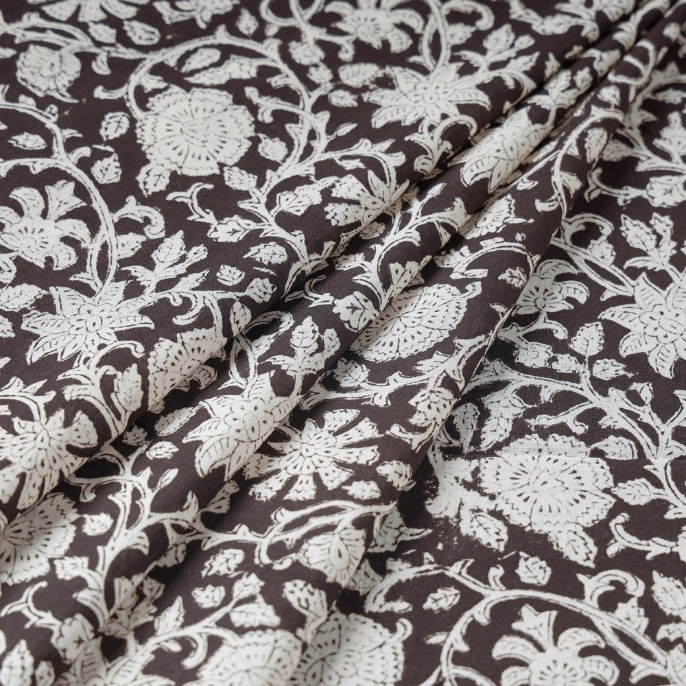 Brown - Black with Flowers Bagru Block Print Cotton Fabric