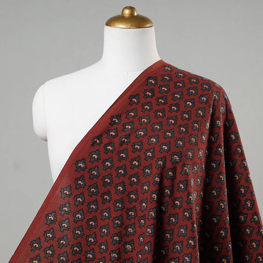 Red - Maroon With Floral Buta Ajrakh Block Printed Cotton Fabric