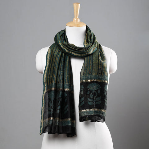 Green - Bagru Block Printed Chanderi Silk Handloom Stole with Zari Border