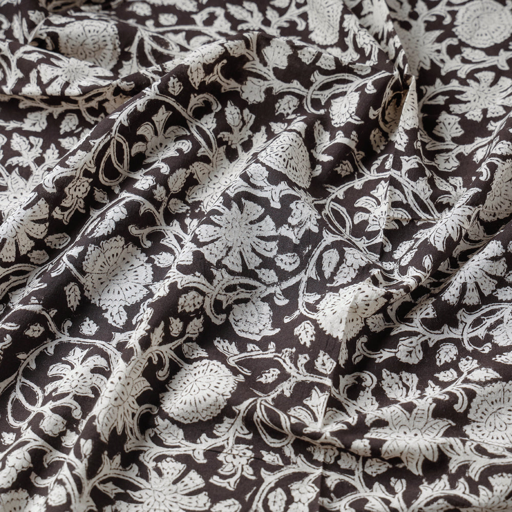 Brown - Black with Flowers Bagru Block Print Cotton Fabric