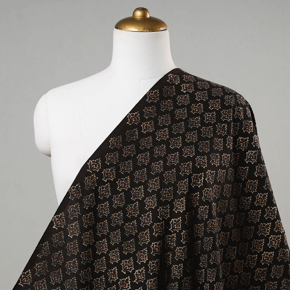 Black with Floral Buti Block Print Cotton Ajrakh Fabric