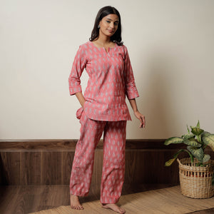 Pink - Pochampally Ikat Cotton Top & Pyjama Night Suit Set 11