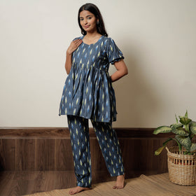 Grey - Pochampally Ikat Cotton Top & Pyjama Night Suit Set 17