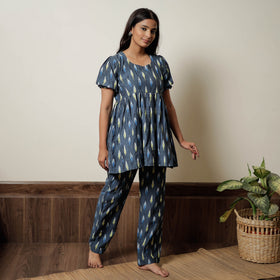Grey - Pochampally Ikat Cotton Top & Pyjama Night Suit Set 17