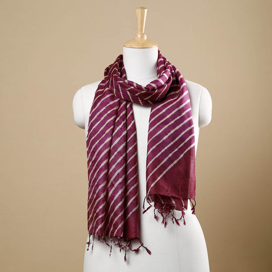 Purple - Leheriya Tie-Dye Tussar Silk Handloom Stole with Tassels
