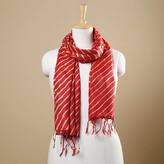 Red - Leheriya Tie-Dye Tussar Silk Handloom Stole with Tassels