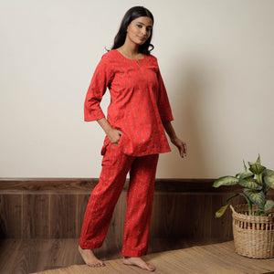 Red - Pochampally Ikat Cotton Top & Pyjama Night Suit Set 14