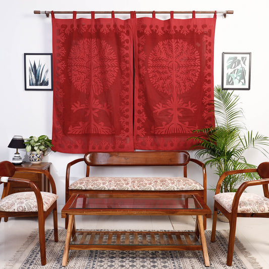 Red - Applique Tree Cutwork Cotton Window Curtain from Barmer (5 x 3.5 feet) (single piece)