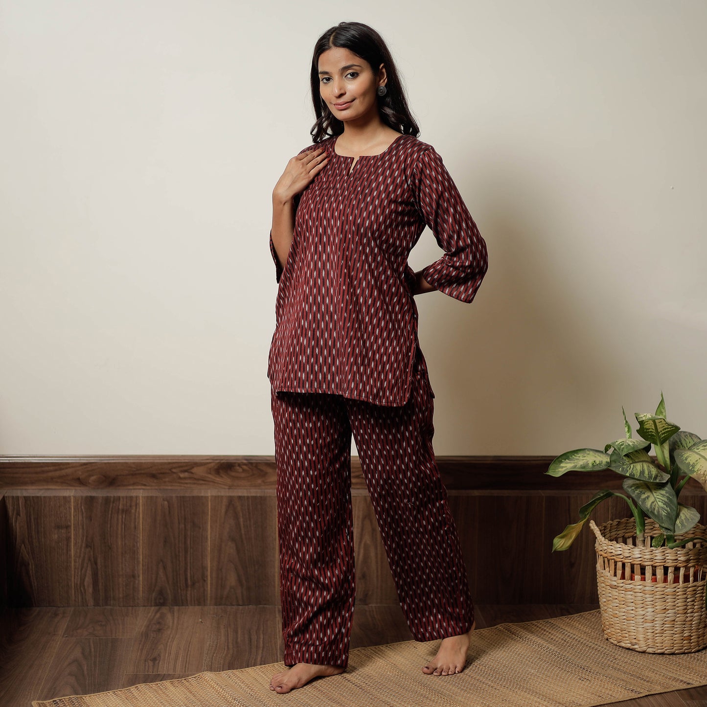 Maroon - Pochampally Ikat Cotton Top & Pyjama Night Suit Set 12