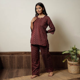 Maroon - Pochampally Ikat Cotton Top & Pyjama Night Suit Set 12
