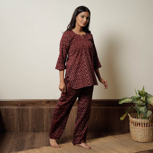 Maroon - Pochampally Ikat Cotton Top & Pyjama Night Suit Set 12
