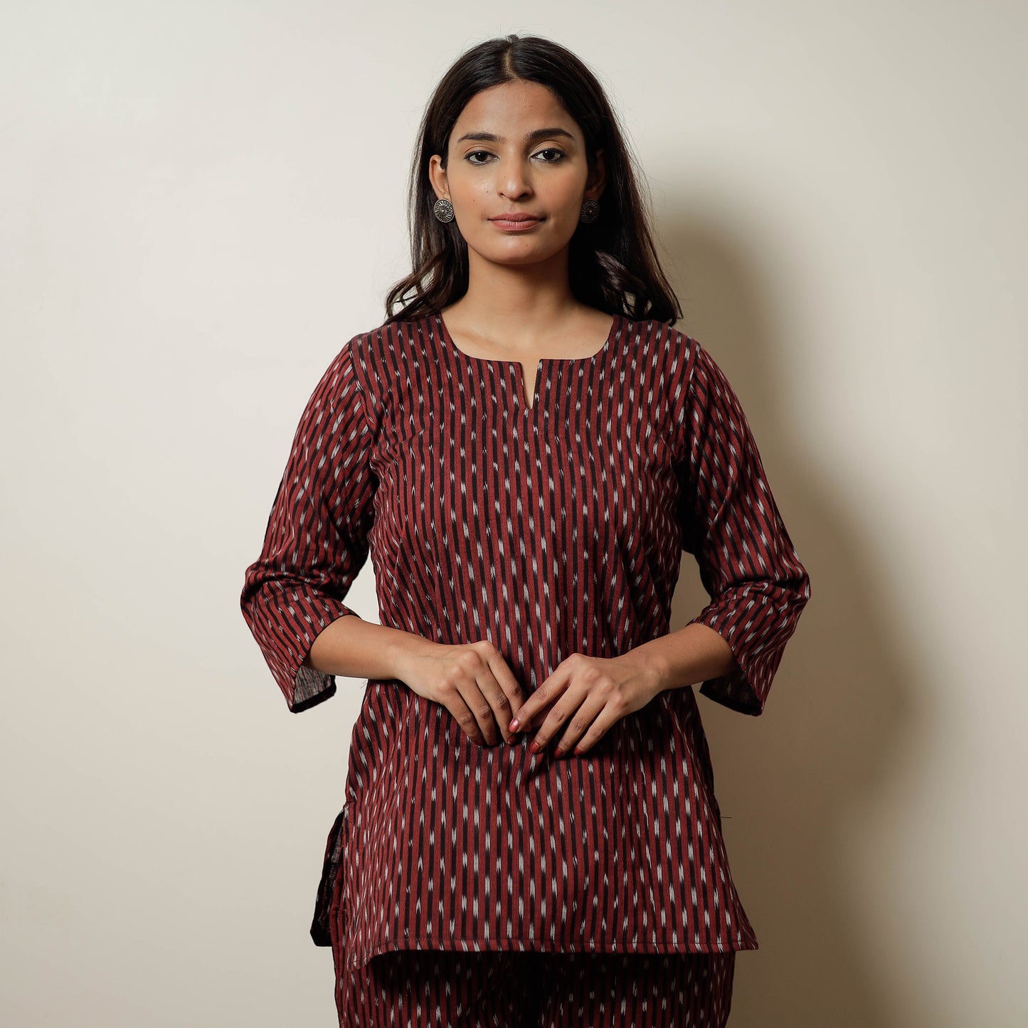 Maroon - Pochampally Ikat Cotton Top & Pyjama Night Suit Set 12