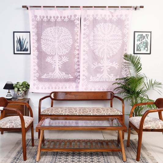 Pink - Applique Tree Cutwork Cotton Window Curtain from Barmer (5 x 3.5 feet) (single piece)