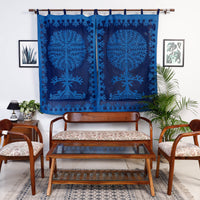 Blue - Applique Tree Cutwork Cotton Window Curtain from Barmer (5 x 3.5 feet) (single piece)