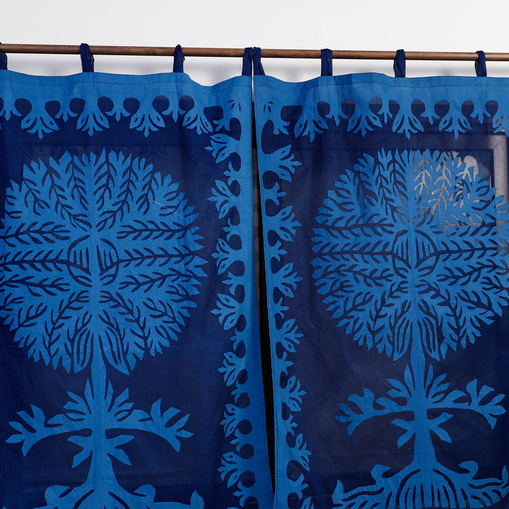 Blue - Applique Tree Cutwork Cotton Window Curtain from Barmer (5 x 3.5 feet) (single piece)