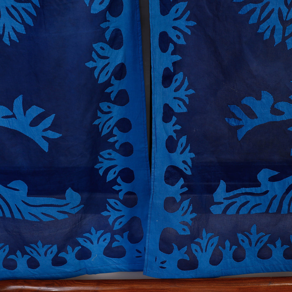 Blue - Applique Tree Cutwork Cotton Window Curtain from Barmer (5 x 3.5 feet) (single piece)