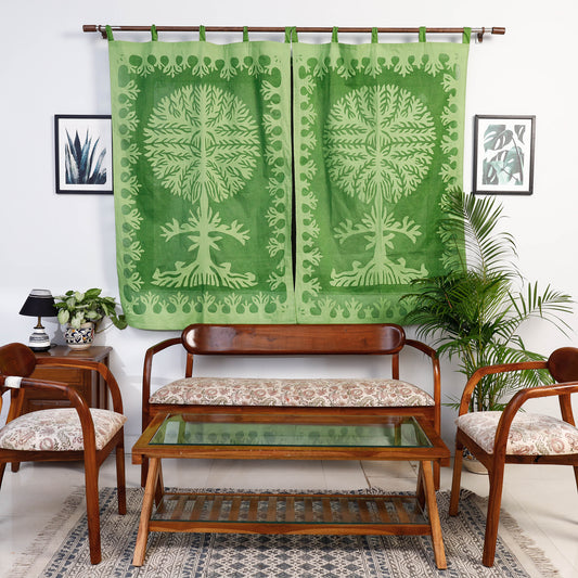 Green - Applique Tree Cutwork Cotton Window Curtain from Barmer (5 x 3.5 feet) (single piece)
