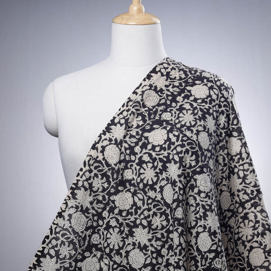 Brown - Black with Tropical Flowers Bagru Block Printed Cotton Fabric