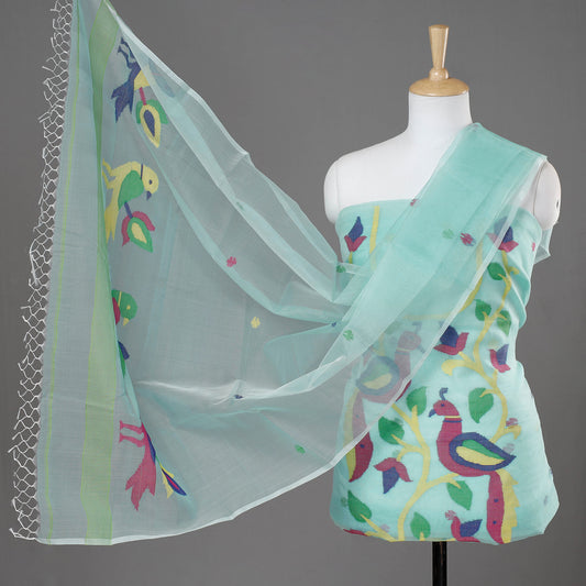Green - 2pc Phulia Jamdani Weave Handloom Moslin Silk Suit Material Set