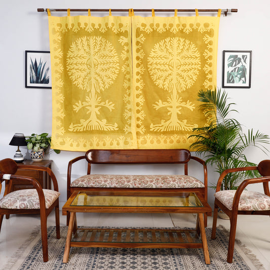 Yellow - Applique Tree Cutwork Cotton Window Curtain from Barmer (5 x 3.5 feet) (single piece)