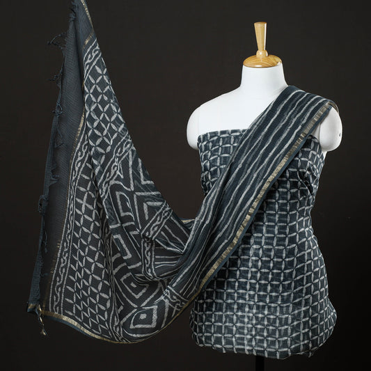 Black - 3pc Bagru Block Printed Cotton Suit Material with Kota Doria Dupatta
