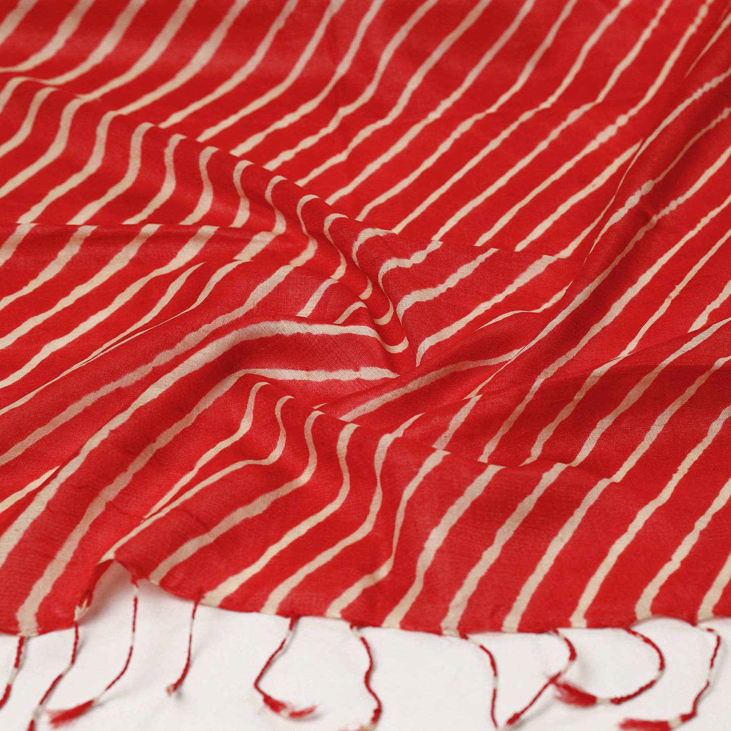 Red - Leheriya Tie-Dye Tussar Silk Handloom Stole with Tassels