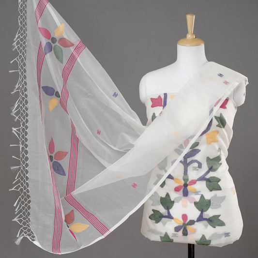 White - 2pc Phulia Jamdani Weave Handloom Moslin Silk Suit Material Set