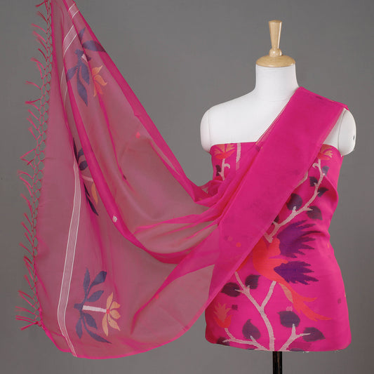 Pink - 2pc Phulia Jamdani Weave Handloom Moslin Silk Suit Material Set
