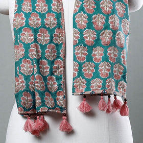 Green - Sanganeri Block Printed Cotton Stole with Tassels