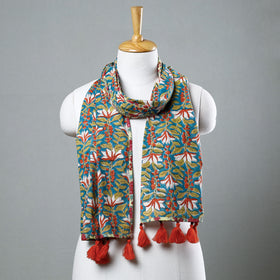 Green - Sanganeri Block Printed Cotton Stole with Tassels