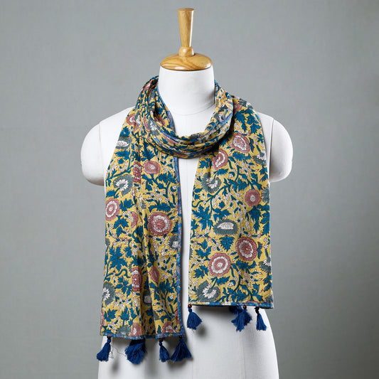 Yellow - Sanganeri Block Printed Cotton Stole with Tassels