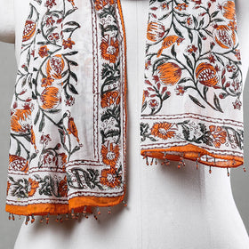  White with Orange Flowers Sanganeri Block Printed Cotton Stole with Beaded Border 